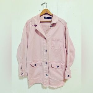 ZARA Oversized Utility Denim Jean Jacket Stretch Cotton Pink Grunge Size Small